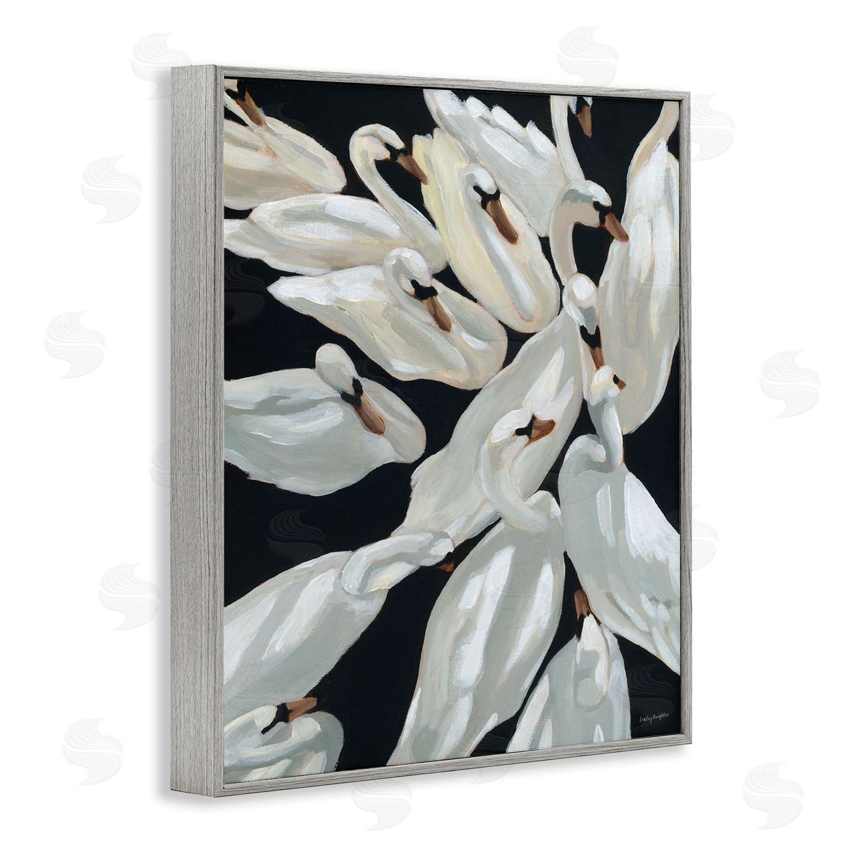 Gathered Swans Swimming Grey Frame Print Wall Art, Home Decor by Haley Knighten