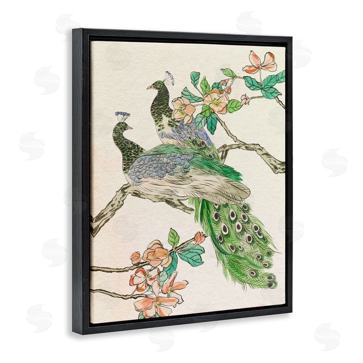 Peacock Perched on Branch Black Floating Frame Canvas Wall Art, Home Decor by Melissa Wang