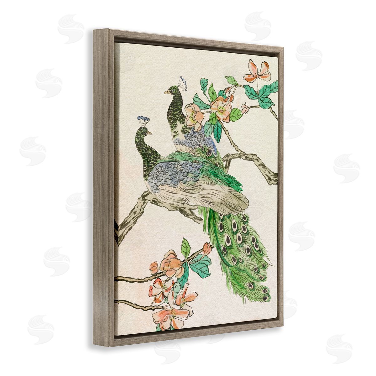 Peacock Perched on Branch Brown Floating Frame Canvas Wall Art, Home Decor by Melissa Wang