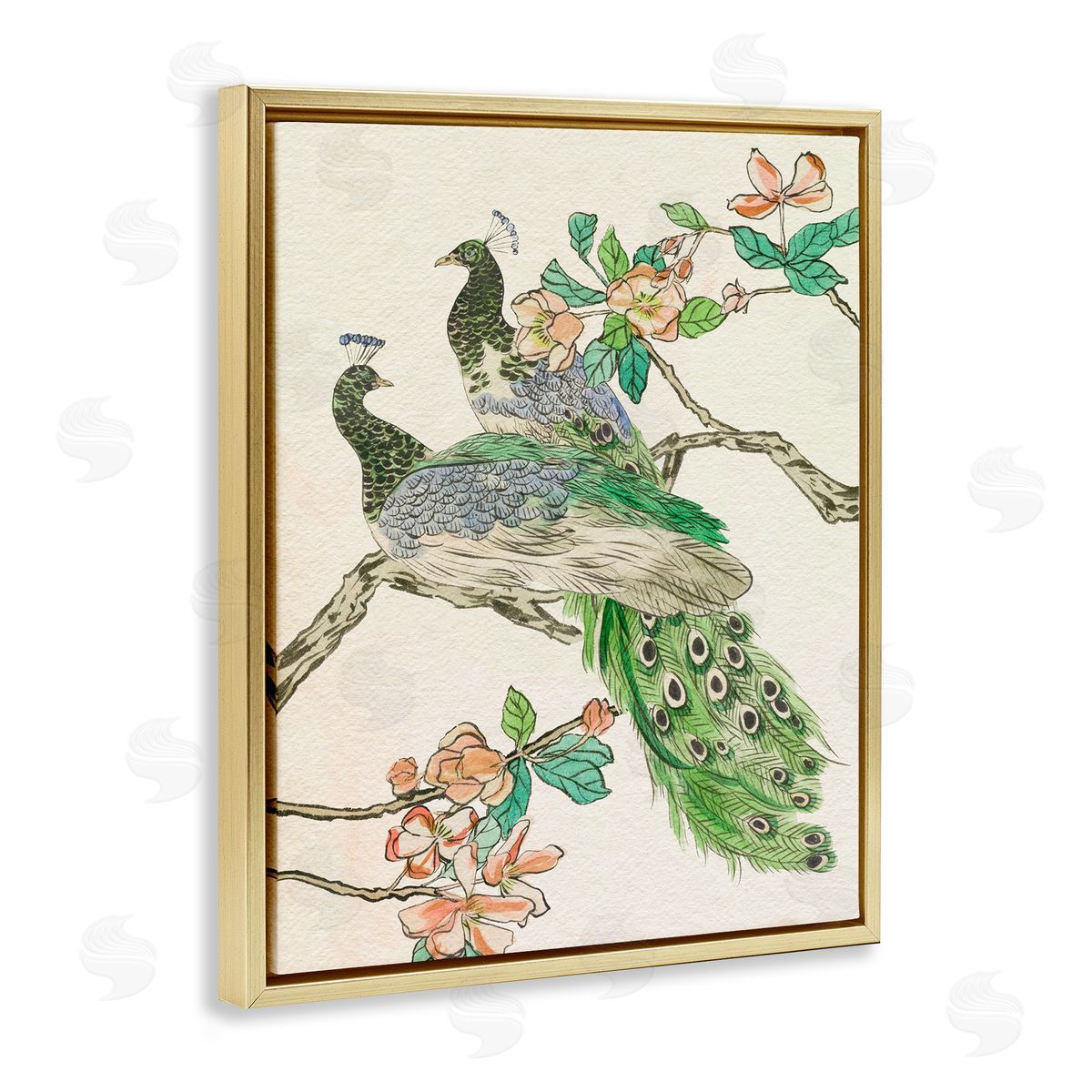 Peacock Perched on Branch Gold Floating Frame Canvas Wall Art, Home Decor by Melissa Wang