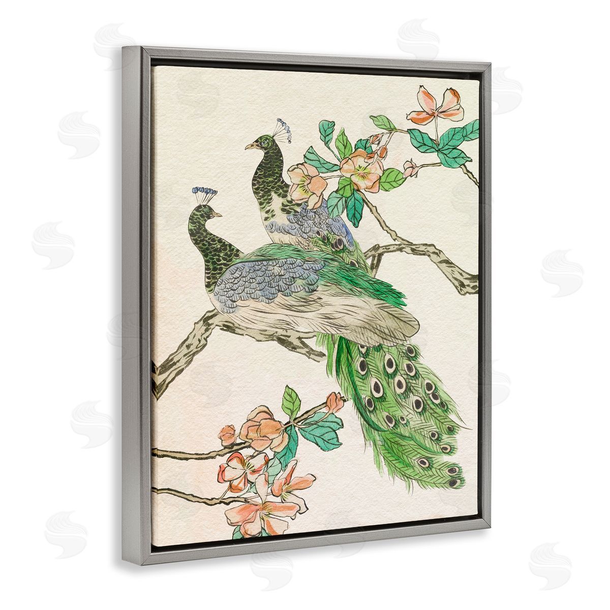 Peacock Perched on Branch Grey Floating Frame Canvas Wall Art, Home Decor by Melissa Wang