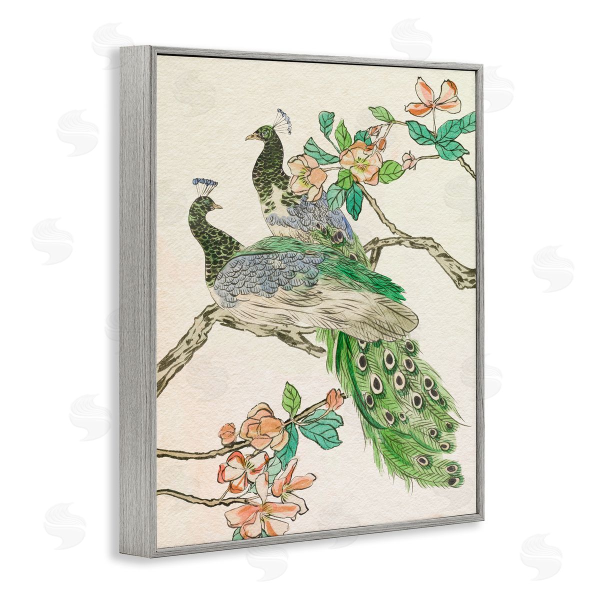 Peacock Perched on Branch Grey Frame Print Wall Art, Home Decor by Melissa Wang