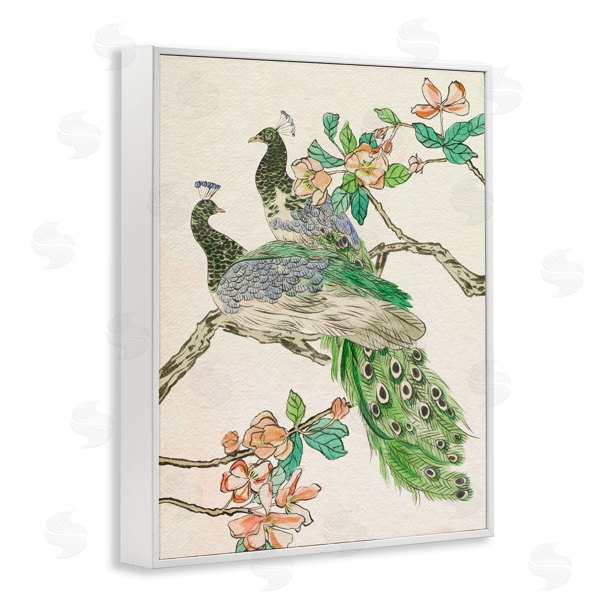 Peacock Perched on Branch White Frame Print Wall Art, Home Decor by Melissa Wang