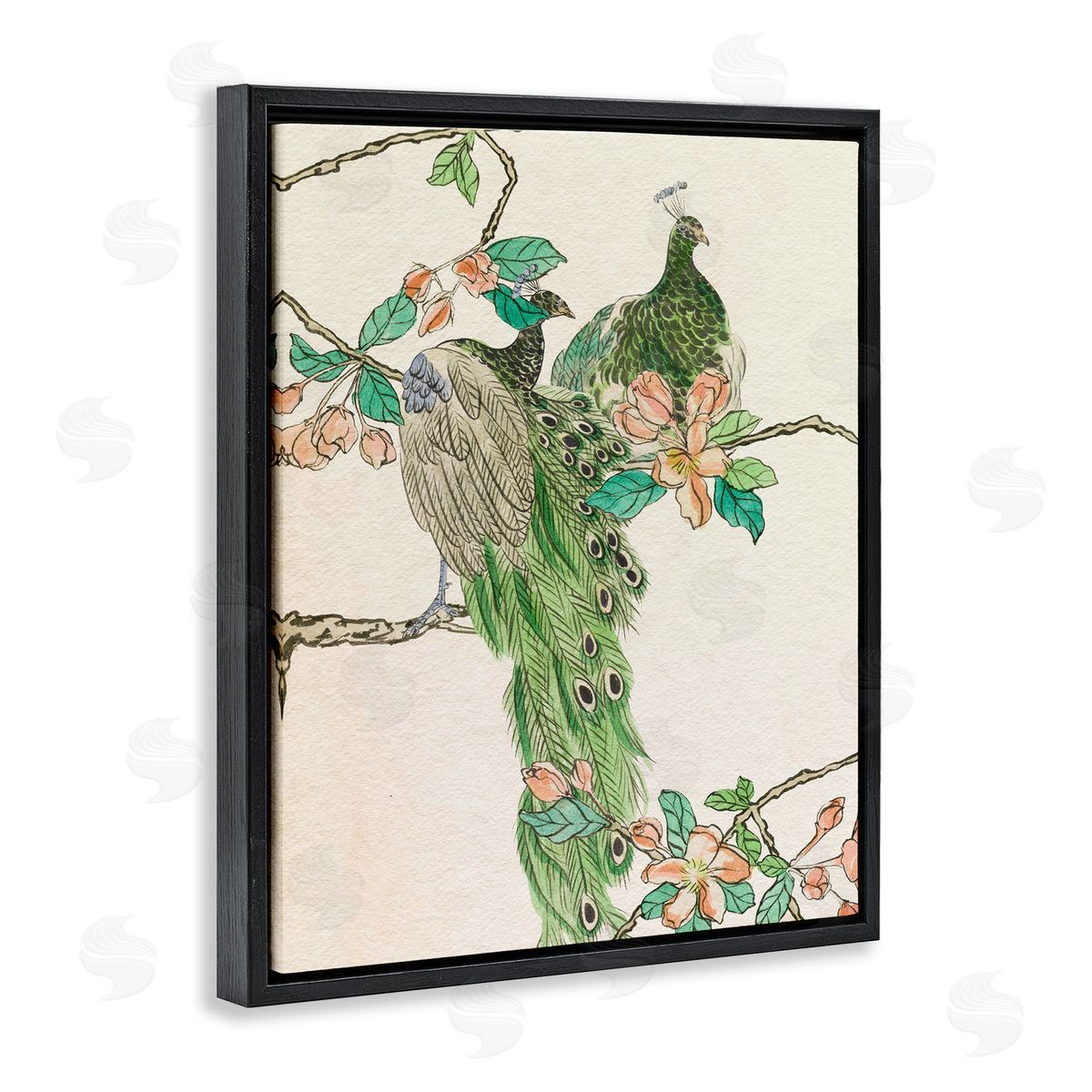 Traditional Floral Peacock Black Floating Frame Canvas Wall Art, Home Decor by Melissa Wang