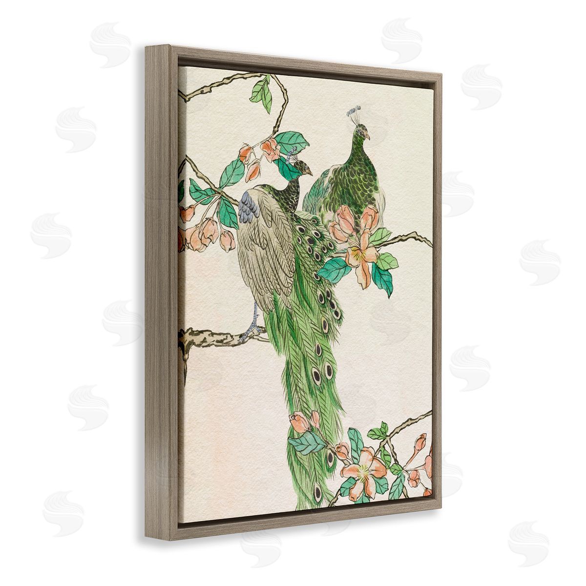 Traditional Floral Peacock Brown Floating Frame Canvas Wall Art, Home Decor by Melissa Wang