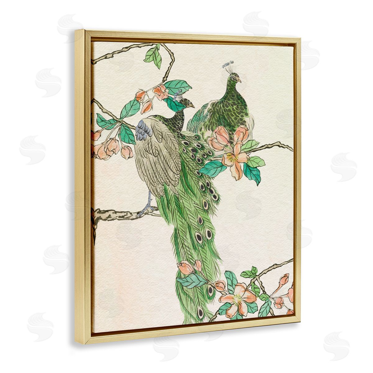 Traditional Floral Peacock Gold Floating Frame Canvas Wall Art, Home Decor by Melissa Wang