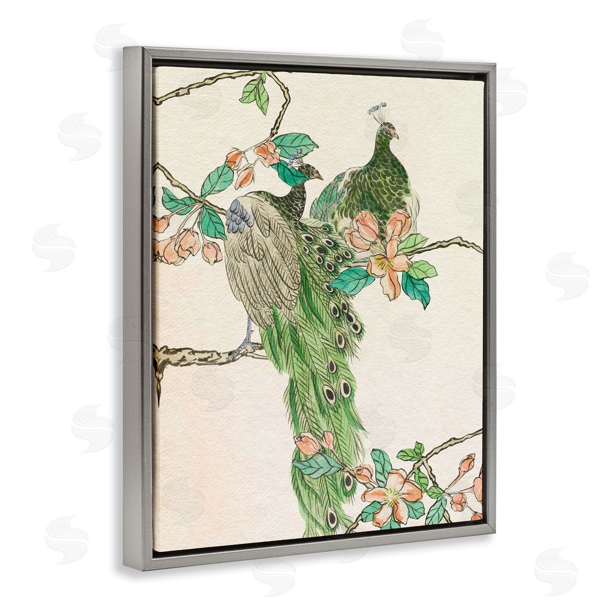 Traditional Floral Peacock Grey Floating Frame Canvas Wall Art, Home Decor by Melissa Wang