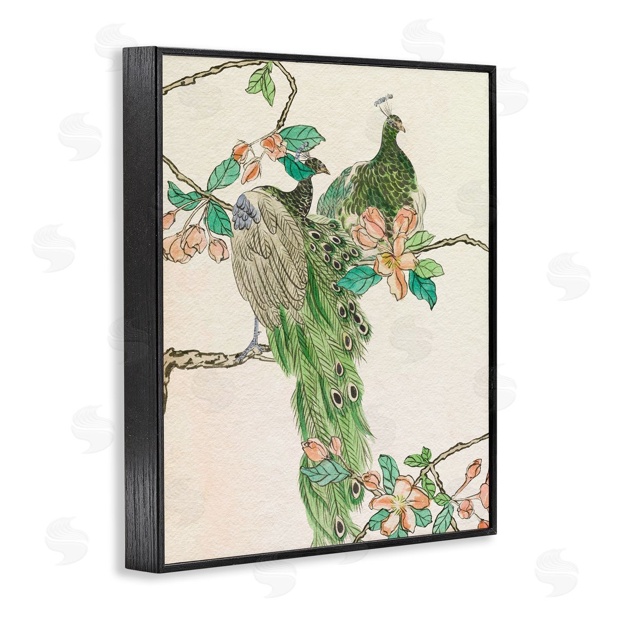 Traditional Floral Peacock Black Frame Print Wall Art, Home Decor by Melissa Wang