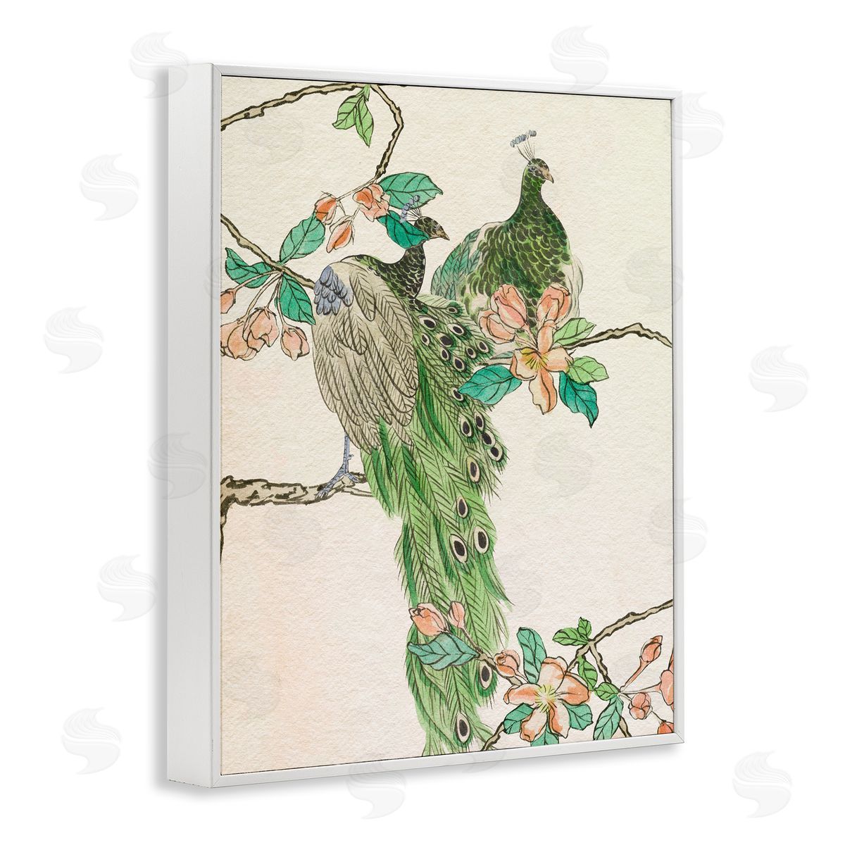 Traditional Floral Peacock White Frame Print Wall Art, Home Decor by Melissa Wang