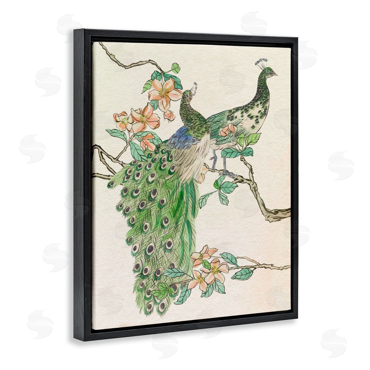 Peacock Pair on Branch Black Floating Frame Canvas Wall Art, Home Decor by Melissa Wang