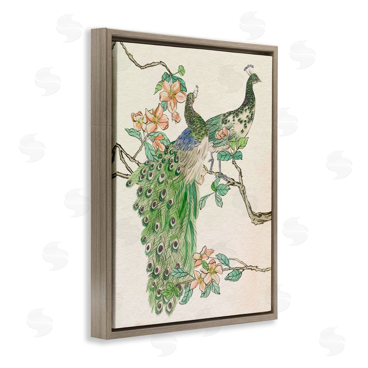 Peacock Pair on Branch Brown Floating Frame Canvas Wall Art, Home Decor by Melissa Wang