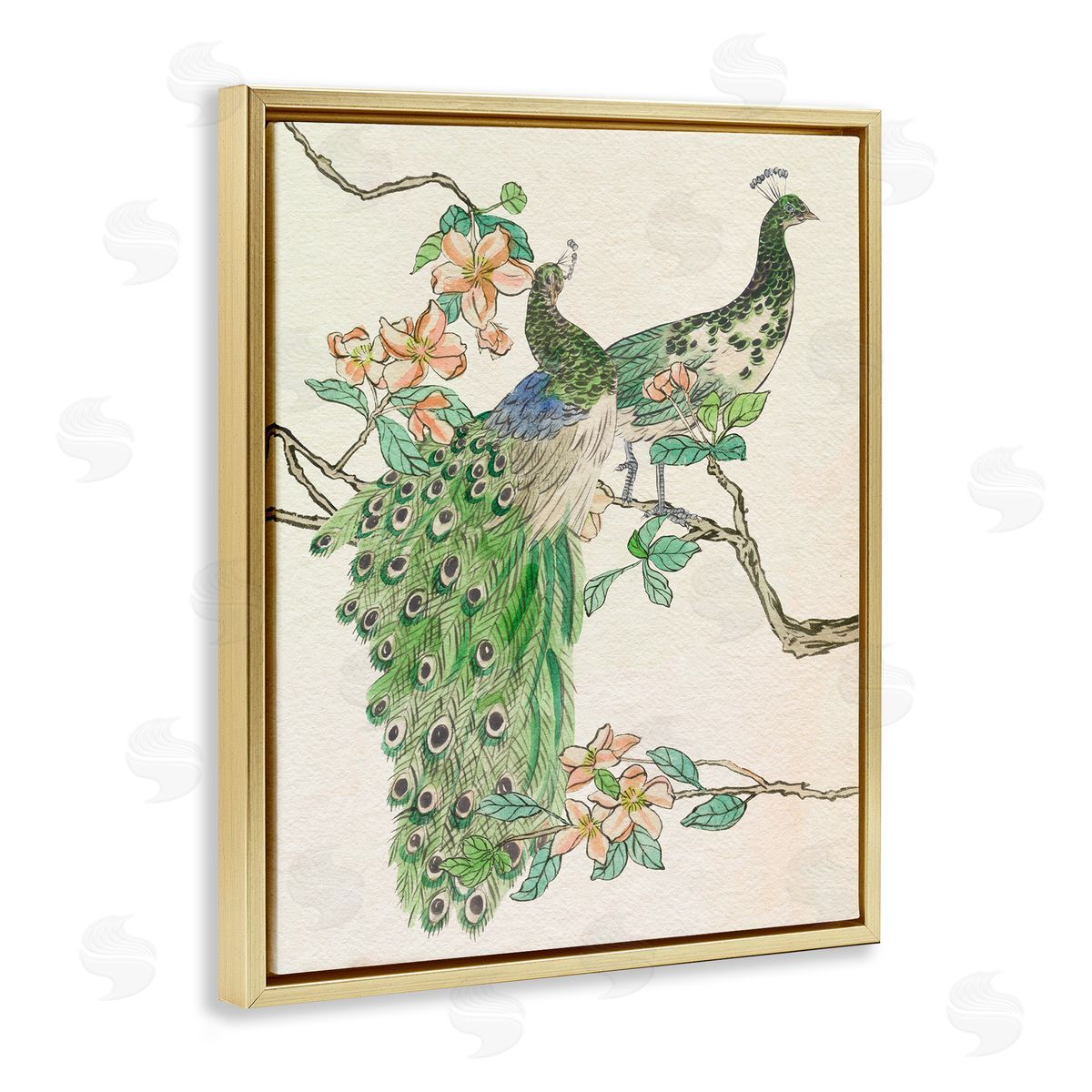 Peacock Pair on Branch Gold Floating Frame Canvas Wall Art, Home Decor by Melissa Wang