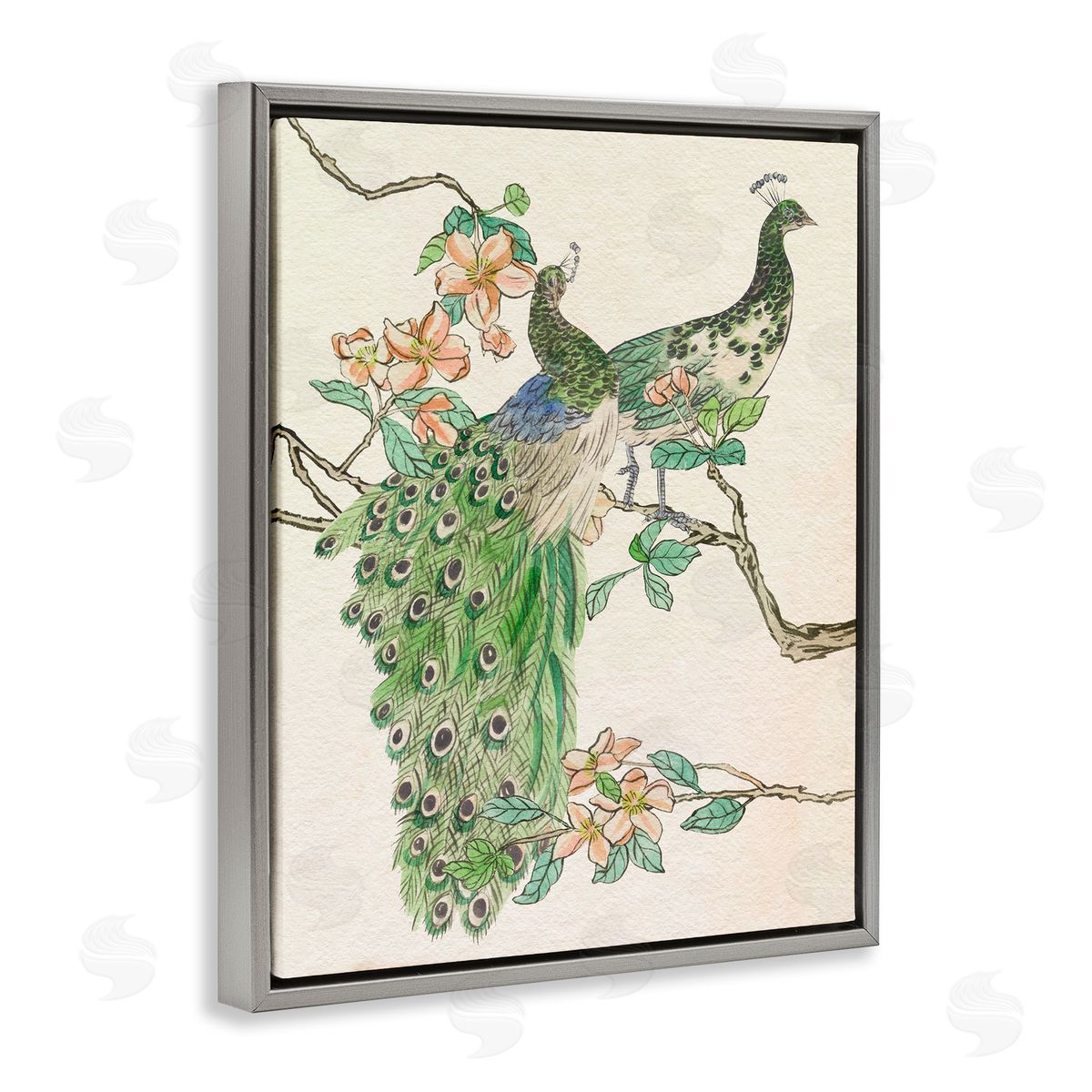 Peacock Pair on Branch Grey Floating Frame Canvas Wall Art, Home Decor by Melissa Wang