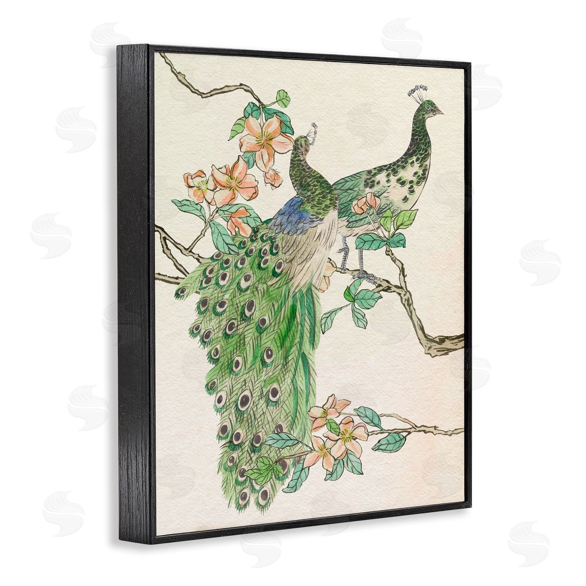 Peacock Pair on Branch Black Frame Print Wall Art, Home Decor by Melissa Wang