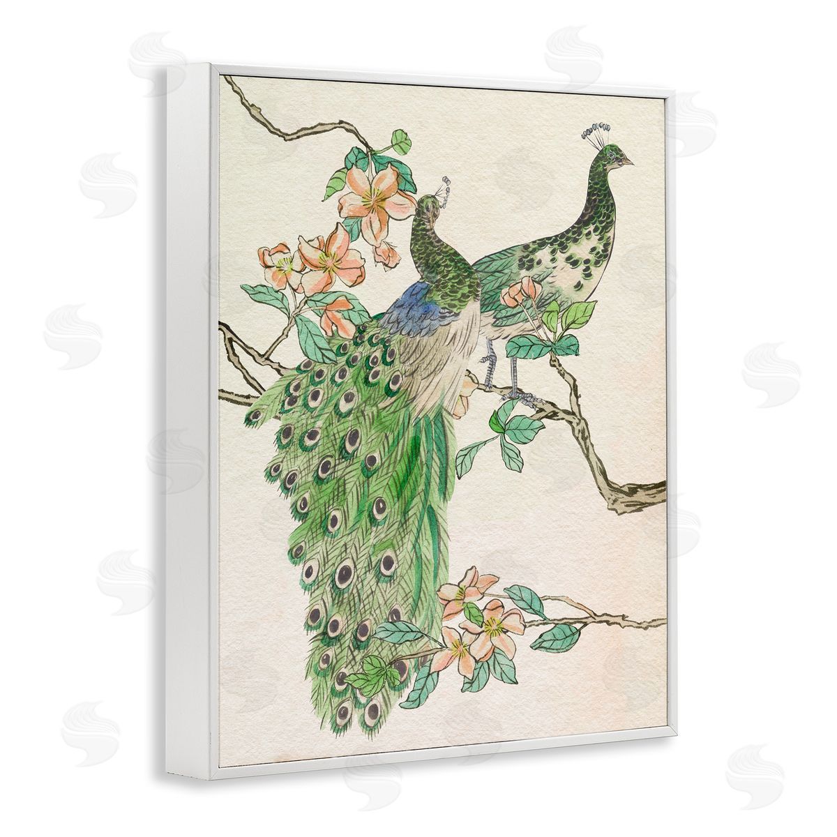 Peacock Pair on Branch White Frame Print Wall Art, Home Decor by Melissa Wang