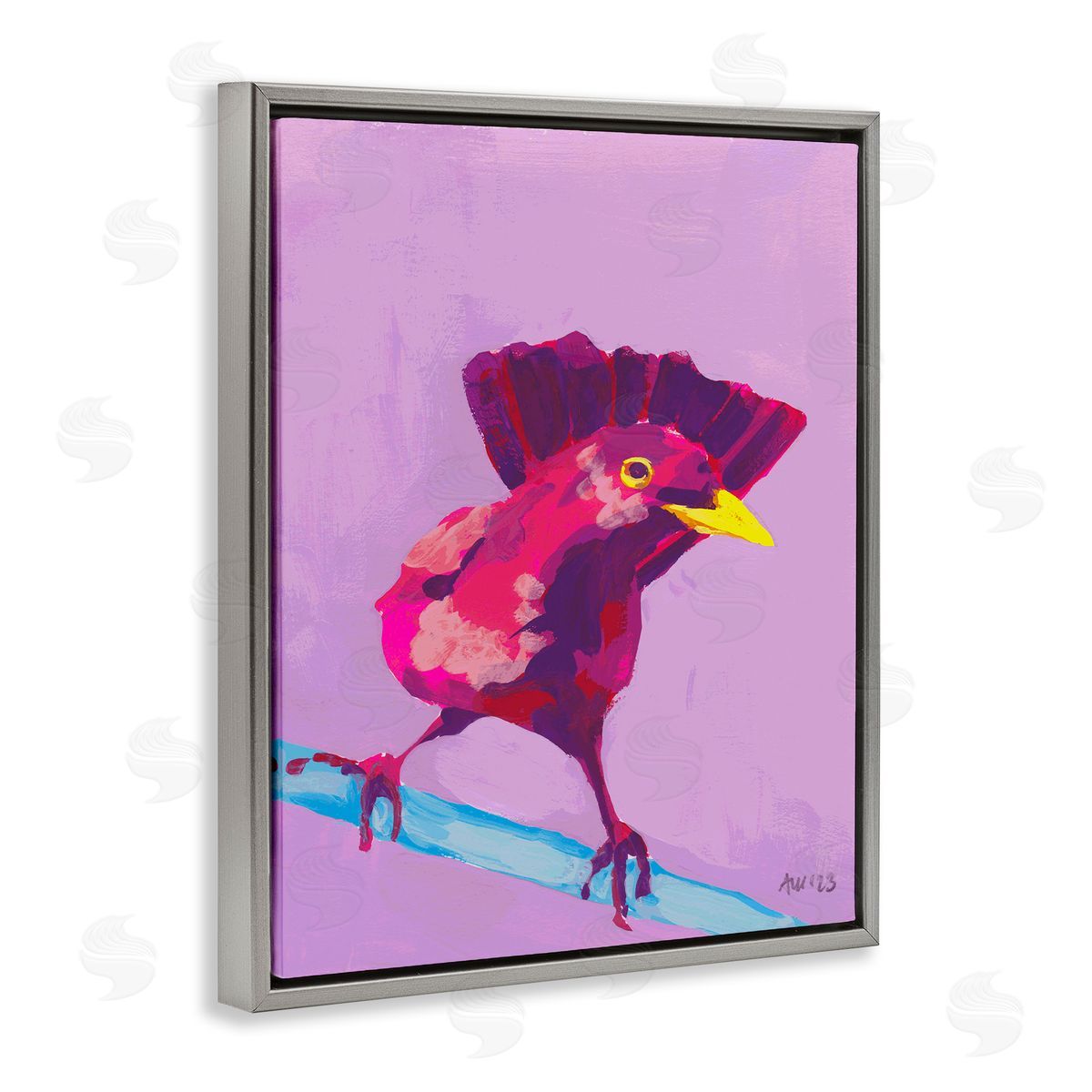 Ania Zwara Vivid Perched Bird Gray Floating Frame Canvas Wall Art Print