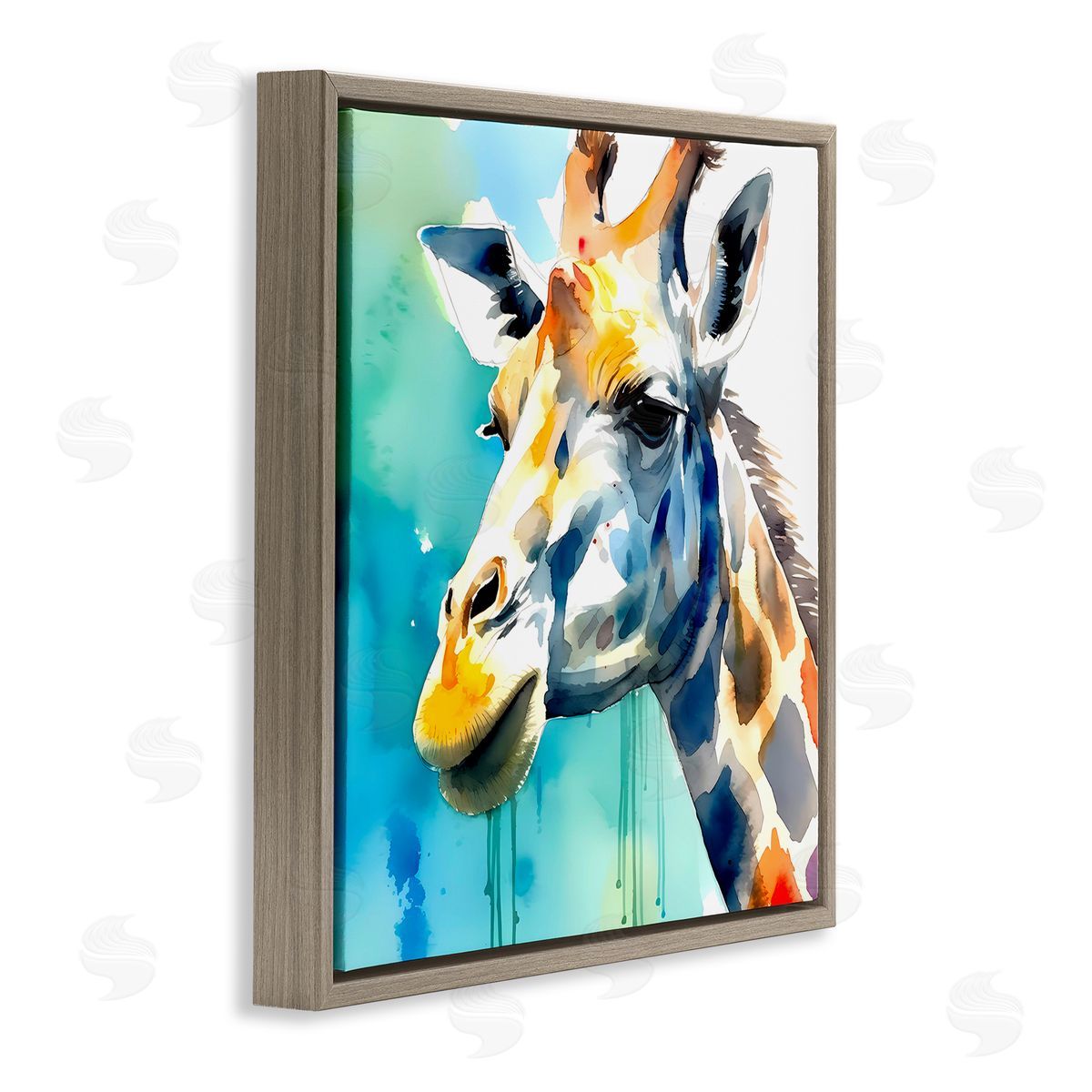 Giraffe with Blue Splash Brown Floating Frame Canvas Wall Art, Home Decor by Walker Noble