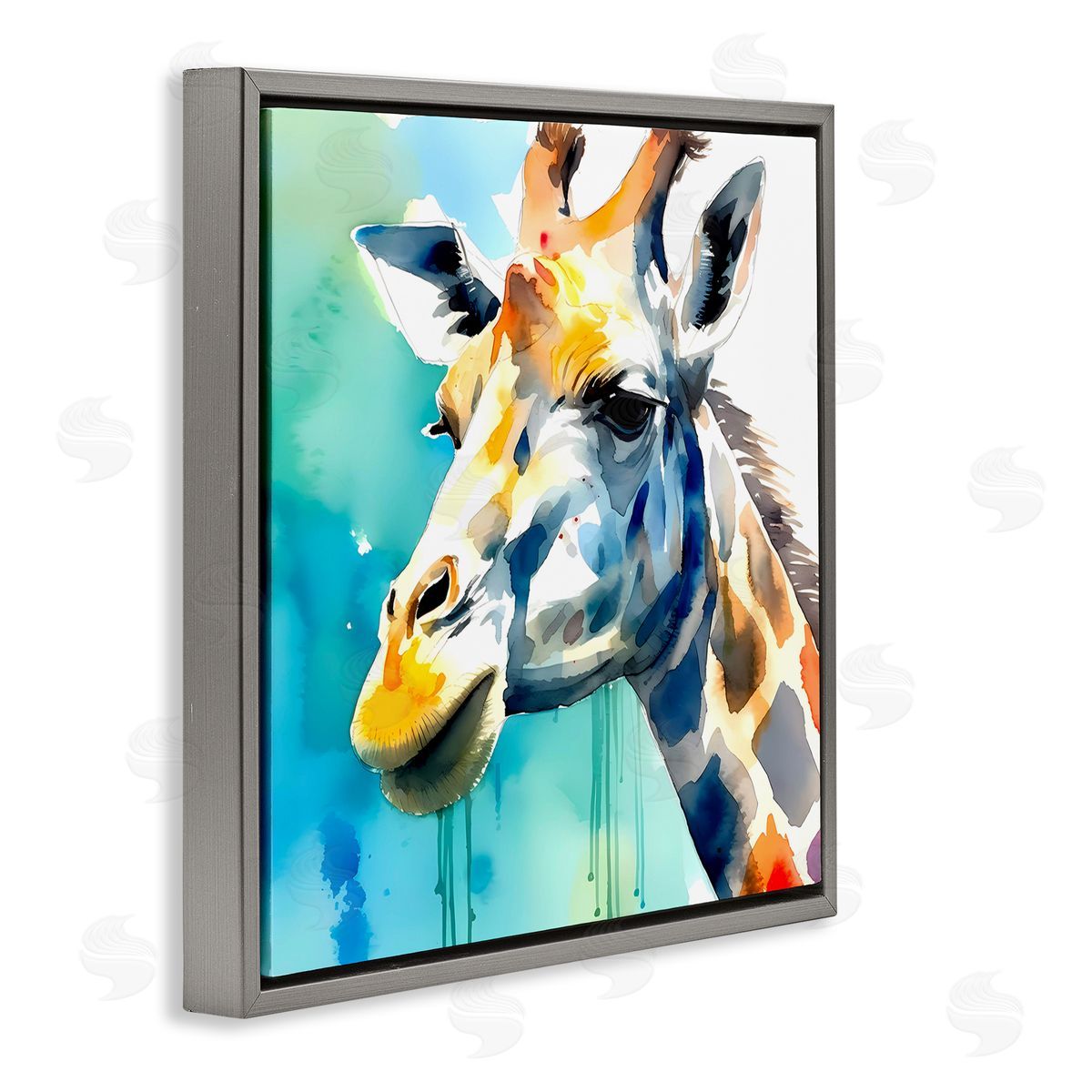Giraffe with Blue Splash Grey Floating Frame Canvas Wall Art, Home Decor by Walker Noble