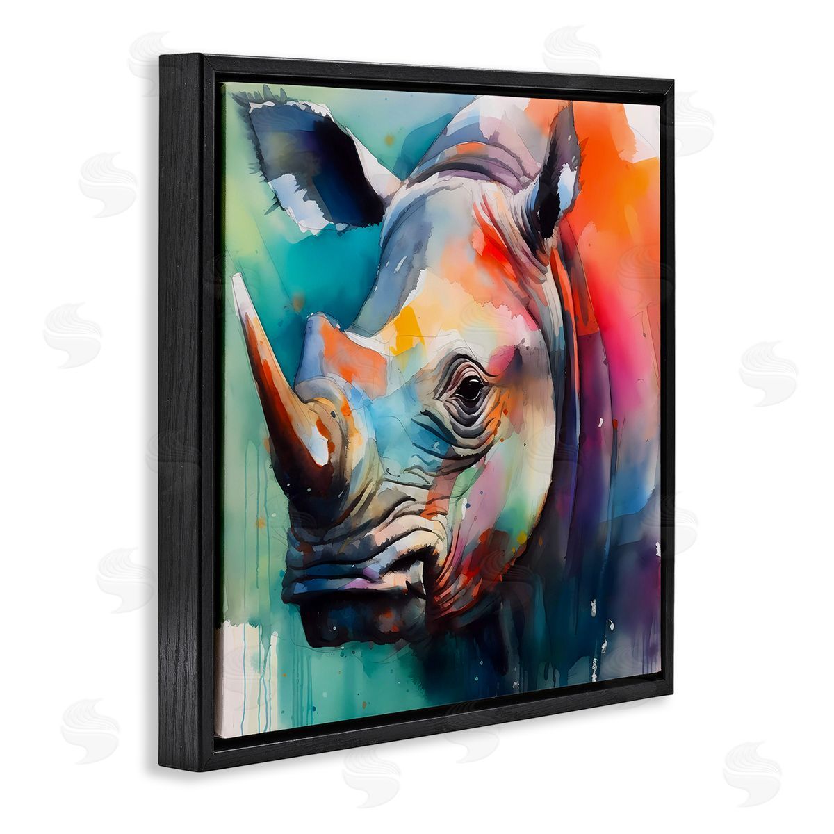 Rhino with Modern Hues Black Floating Frame Canvas Wall Art, Home Decor by Walker Noble
