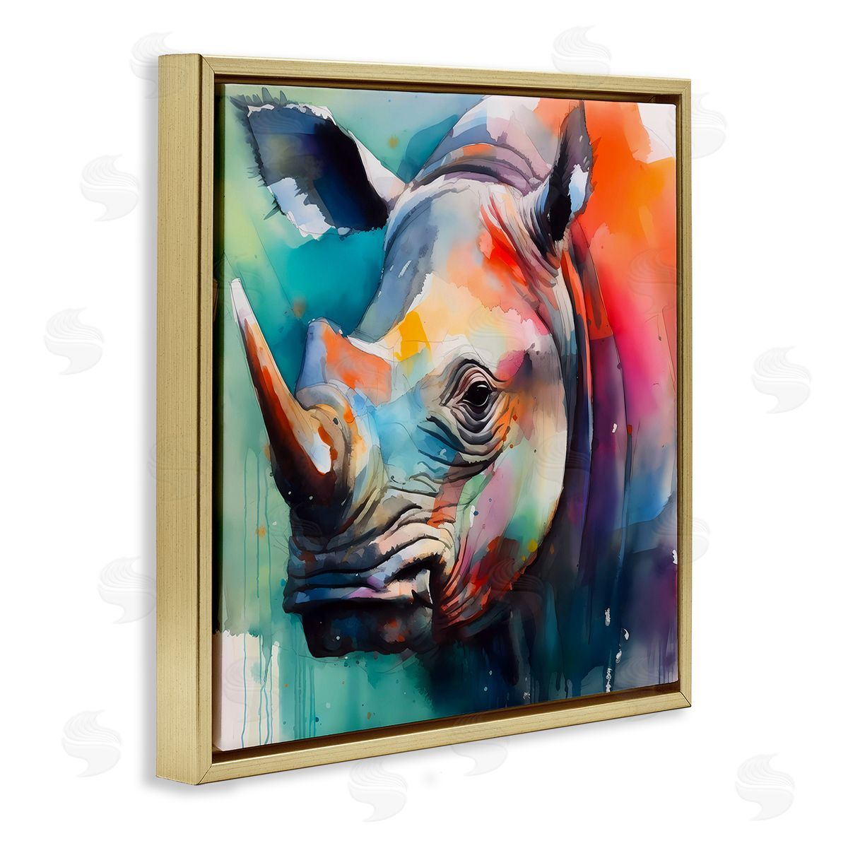 Rhino with Modern Hues Gold Floating Frame Canvas Wall Art, Home Decor by Walker Noble