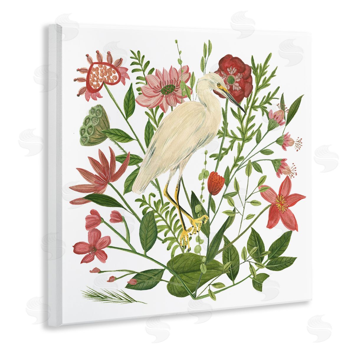 Nautical Flowers and Egret Wood Plaque Wall Art, Home Decor by Melissa Wang