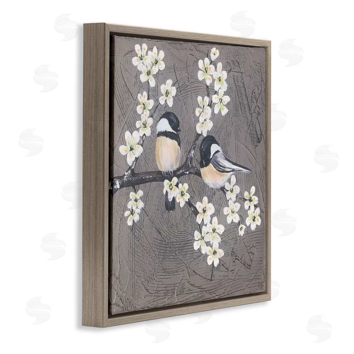 Bird Pair on Branch Brown Floating Frame Canvas Wall Art, Home Decor by Jade Reynolds