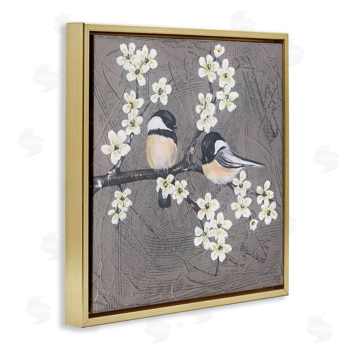 Bird Pair on Branch Gold Floating Frame Canvas Wall Art, Home Decor by Jade Reynolds