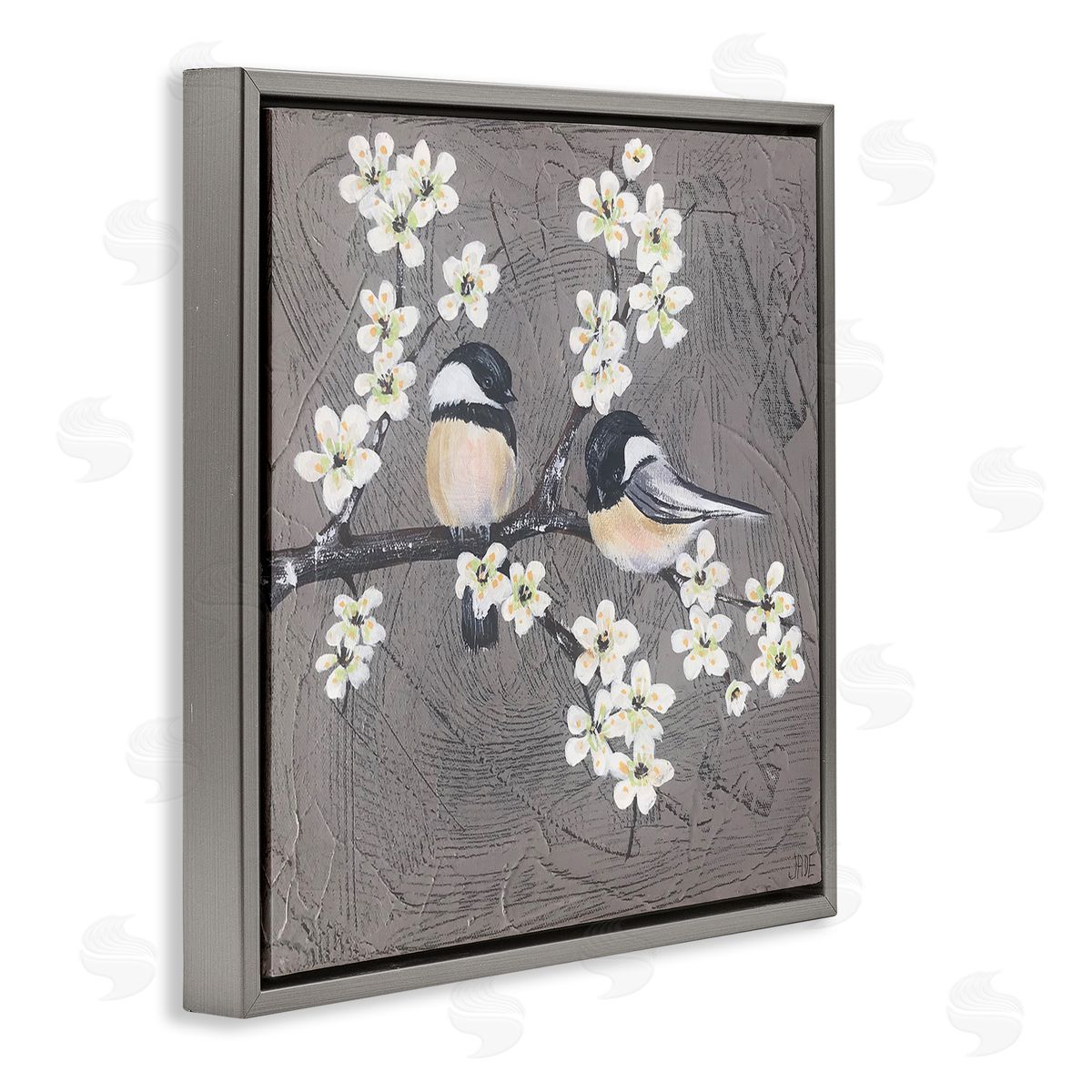 Bird Pair on Branch Grey Floating Frame Canvas Wall Art, Home Decor by Jade Reynolds