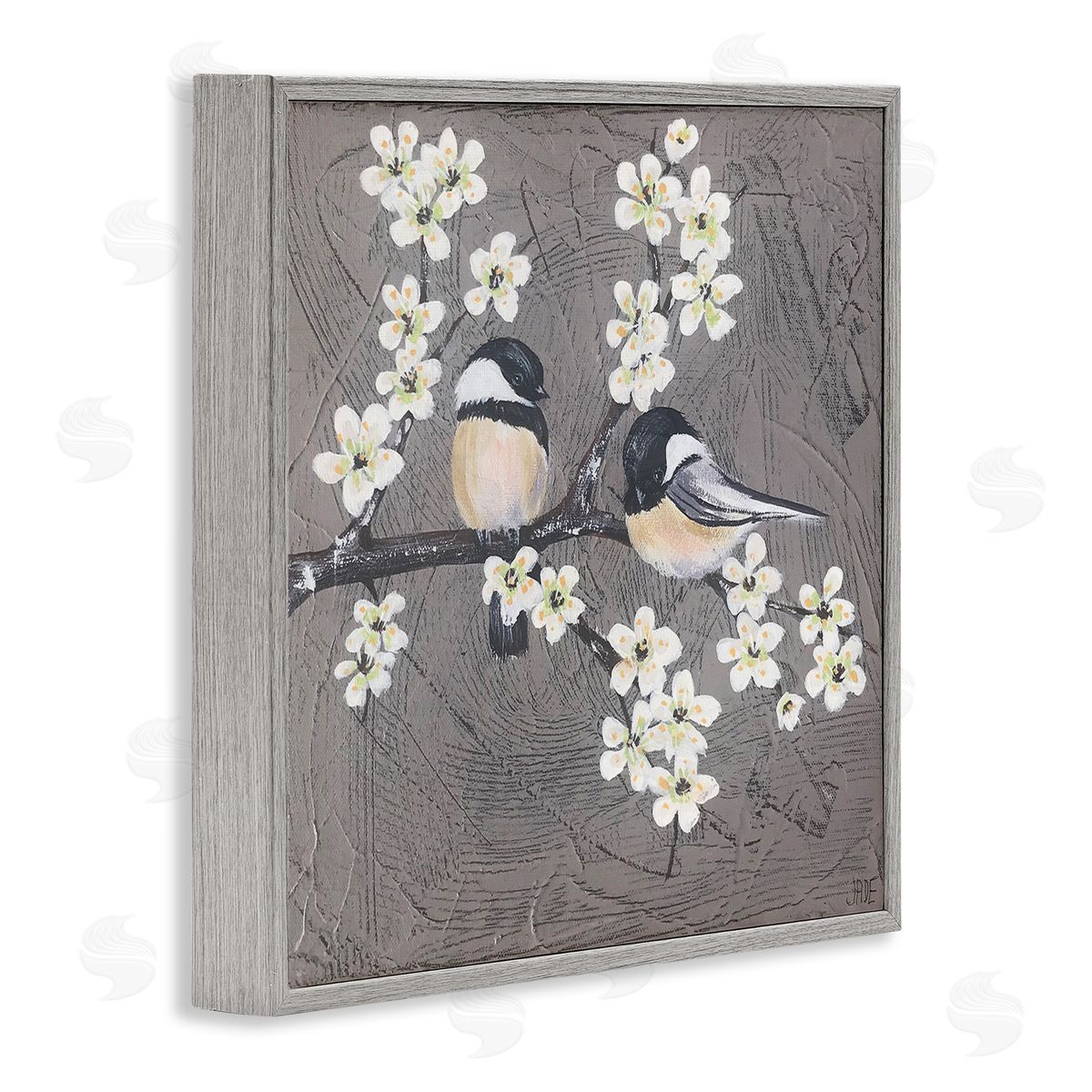 Bird Pair on Branch Grey Frame Print Wall Art, Home Decor by Jade Reynolds