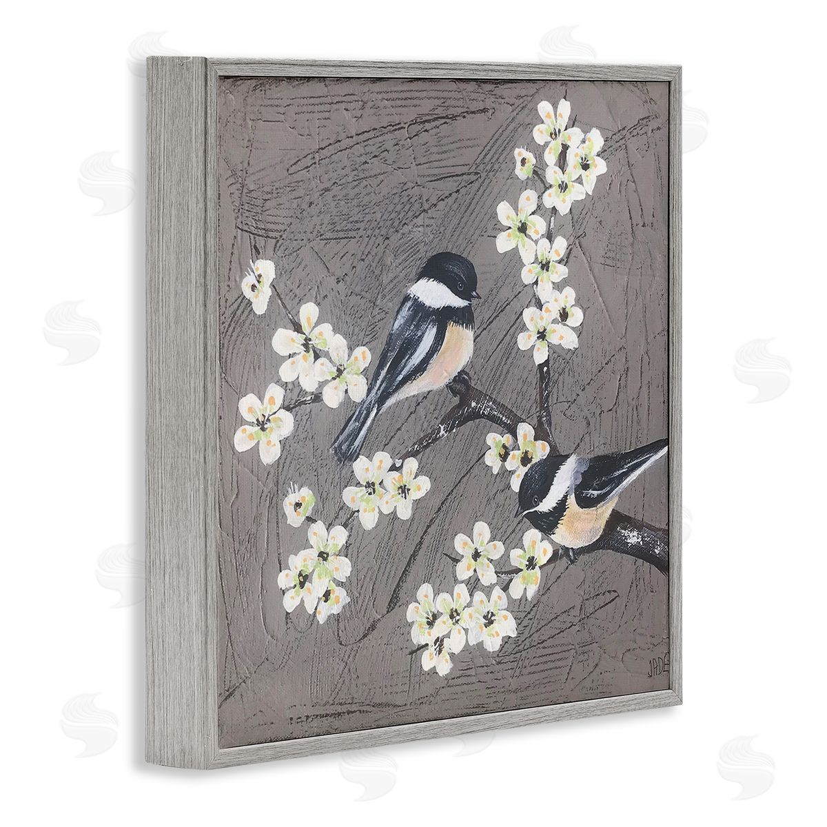 Birds and Apple Blossoms Grey Frame Print Wall Art, Home Decor by Jade Reynolds
