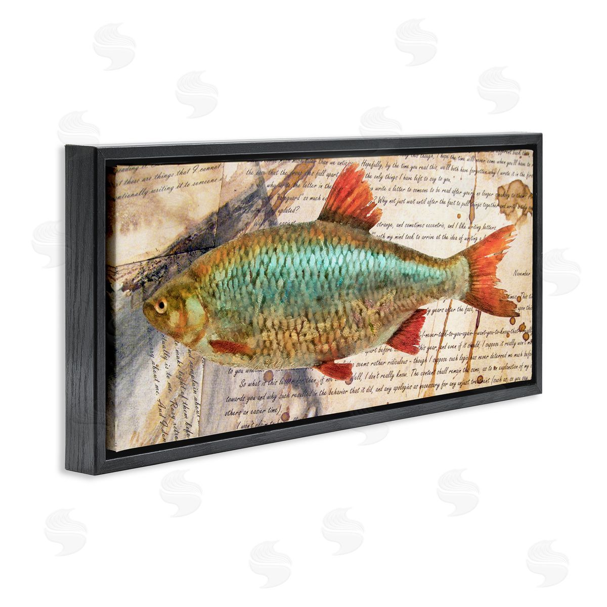 Vintage Pages and Fish Black Floating Frame Canvas Wall Art, Home Decor by Alonzo Saunders
