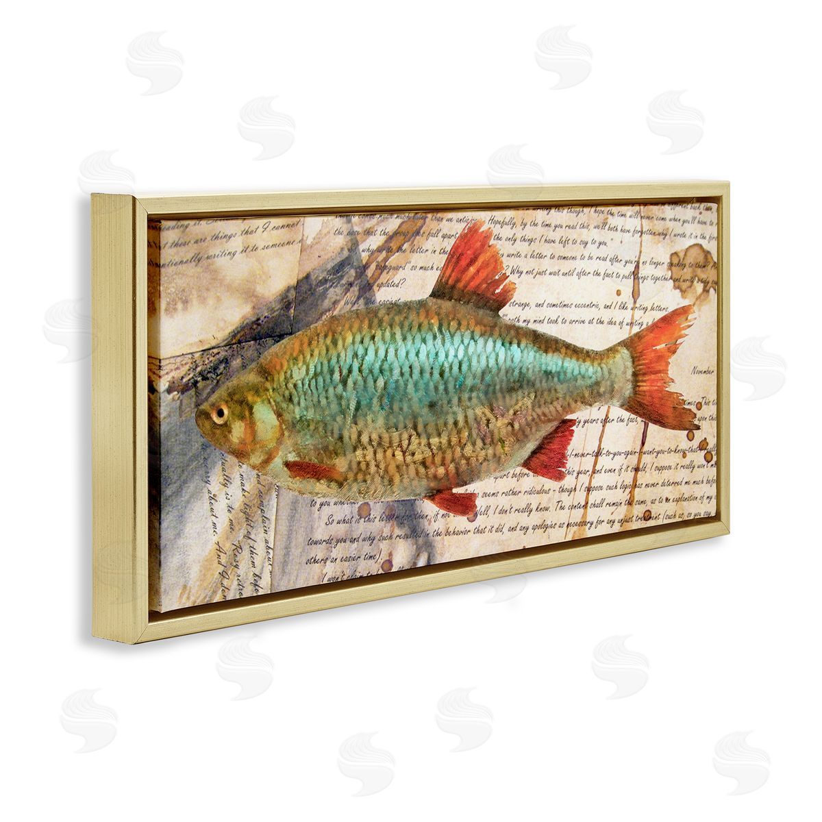 Vintage Pages and Fish Gold Floating Frame Canvas Wall Art, Home Decor by Alonzo Saunders