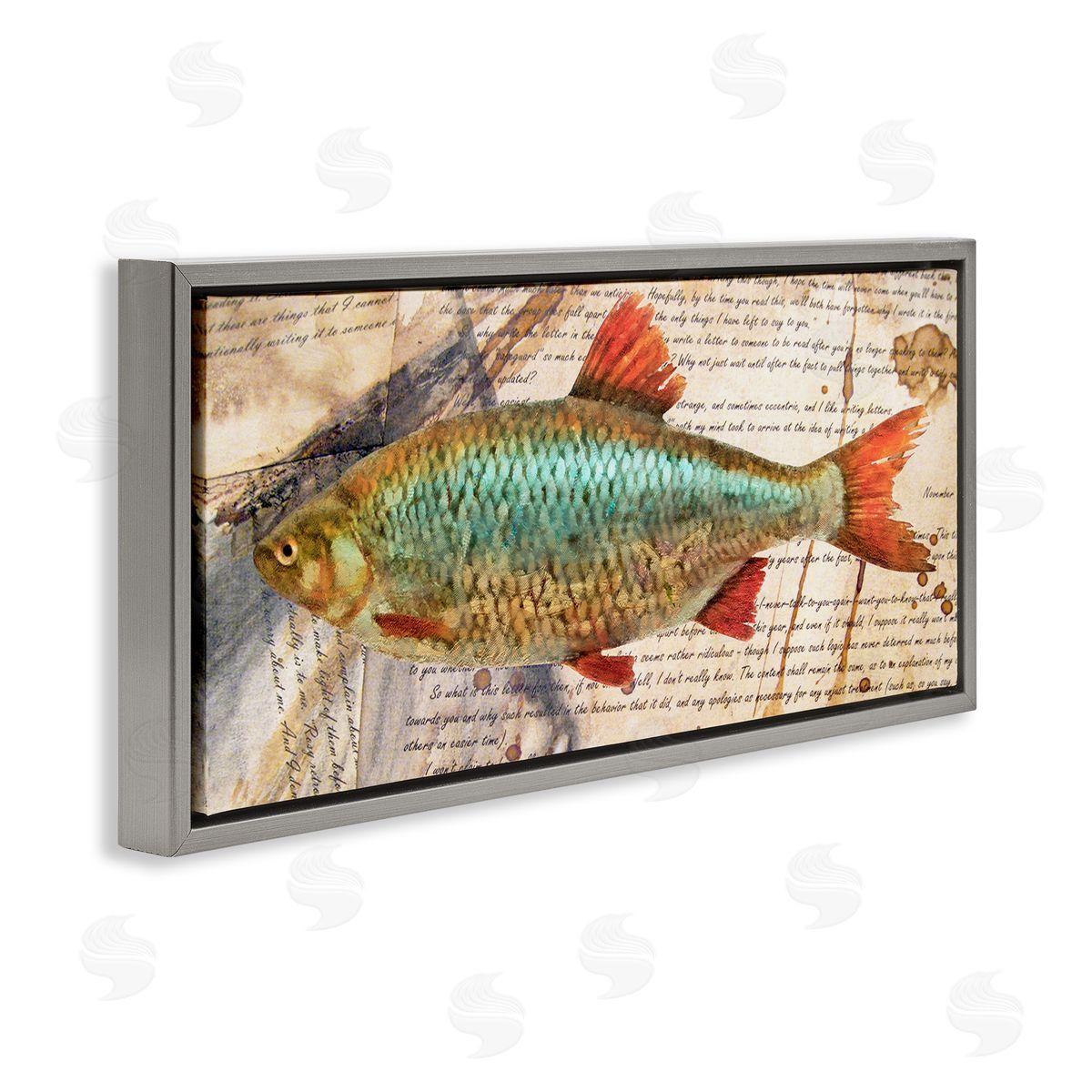 Vintage Pages and Fish Grey Floating Frame Canvas Wall Art, Home Decor by Alonzo Saunders