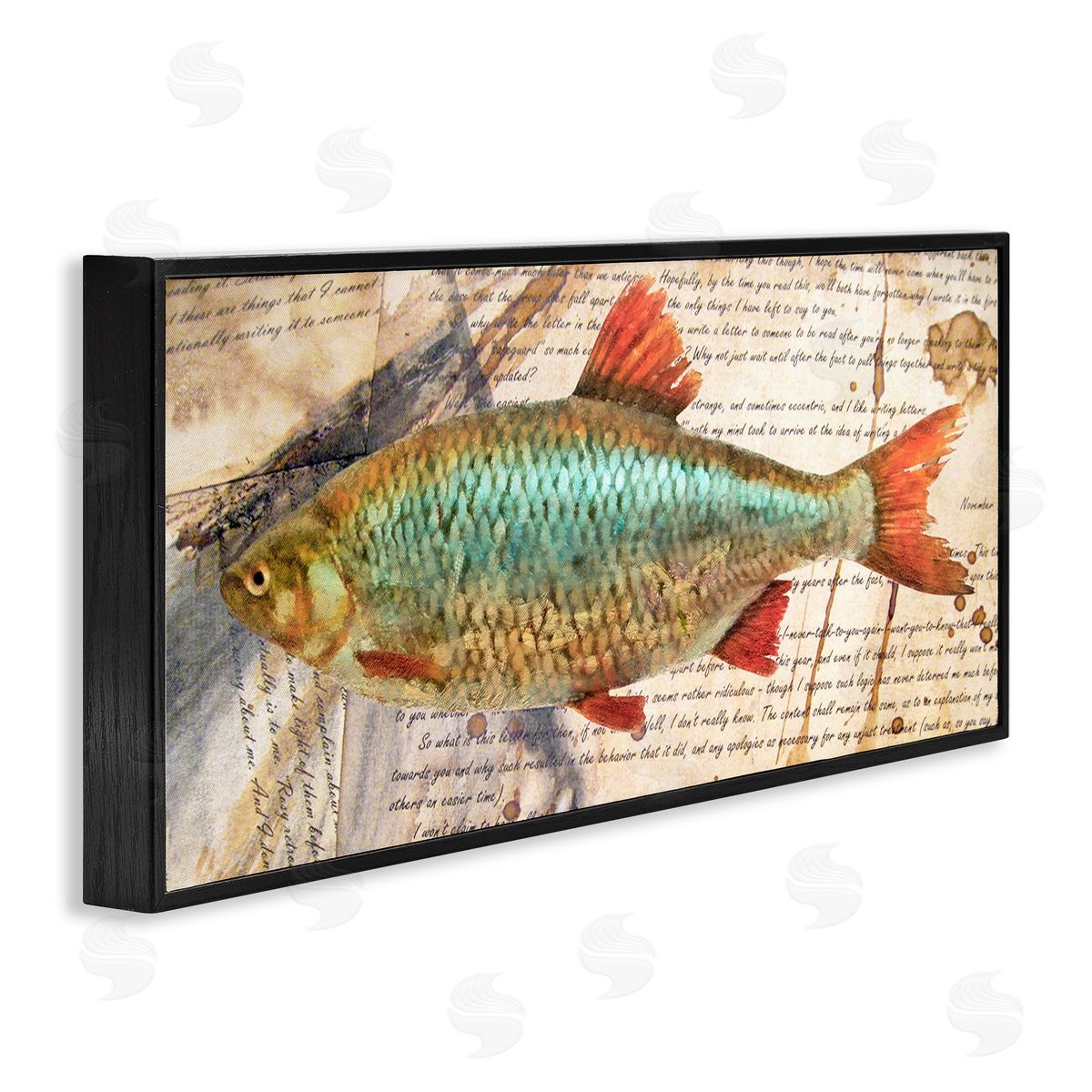 Vintage Pages and Fish Black Frame Print Wall Art, Home Decor by Alonzo Saunders