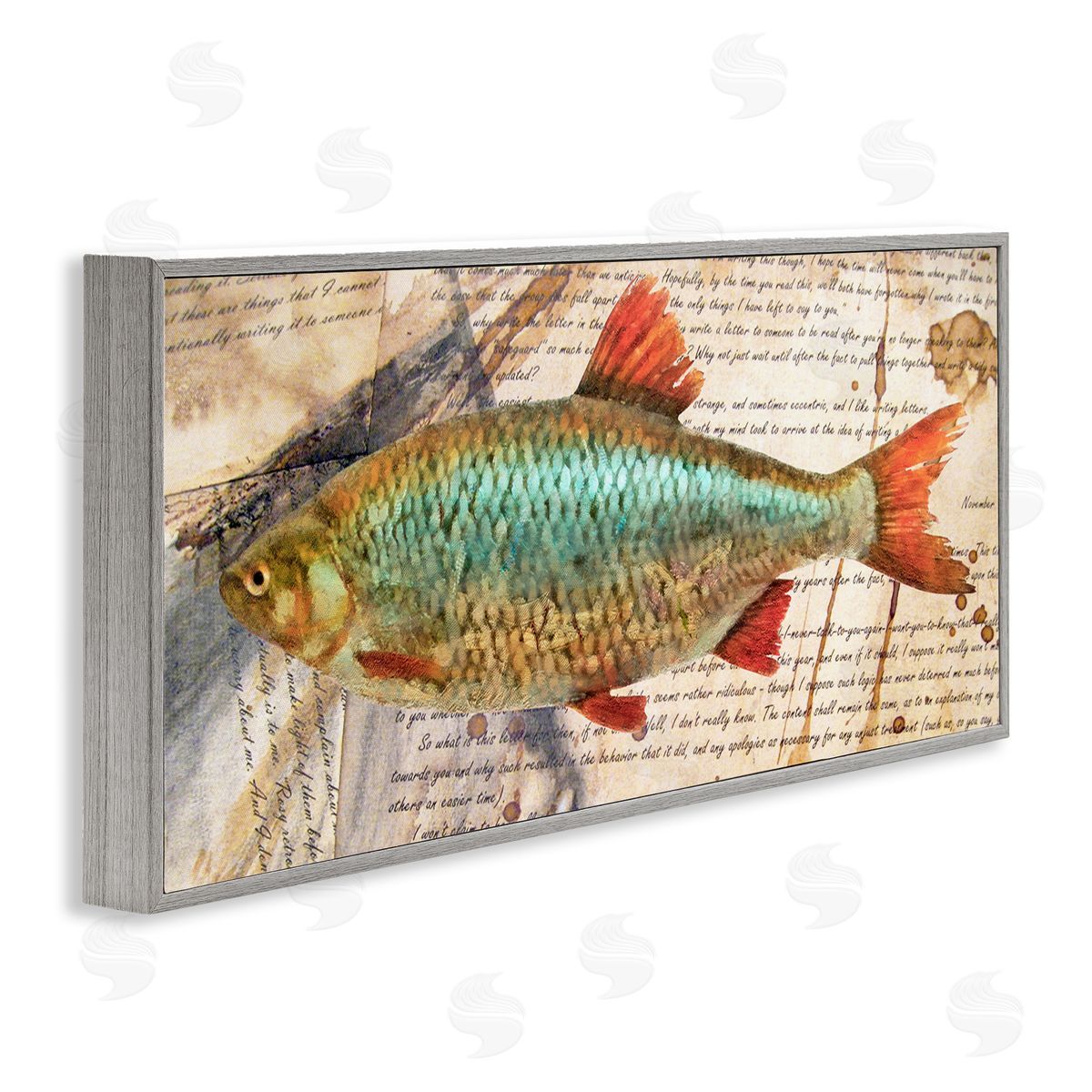 Vintage Pages and Fish Grey Frame Print Wall Art, Home Decor by Alonzo Saunders