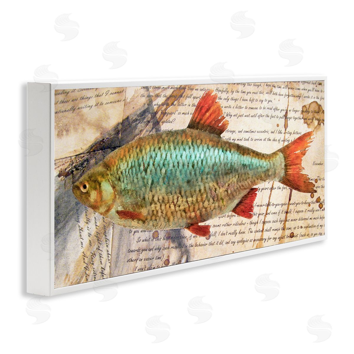 Vintage Pages and Fish White Frame Print Wall Art, Home Decor by Alonzo Saunders
