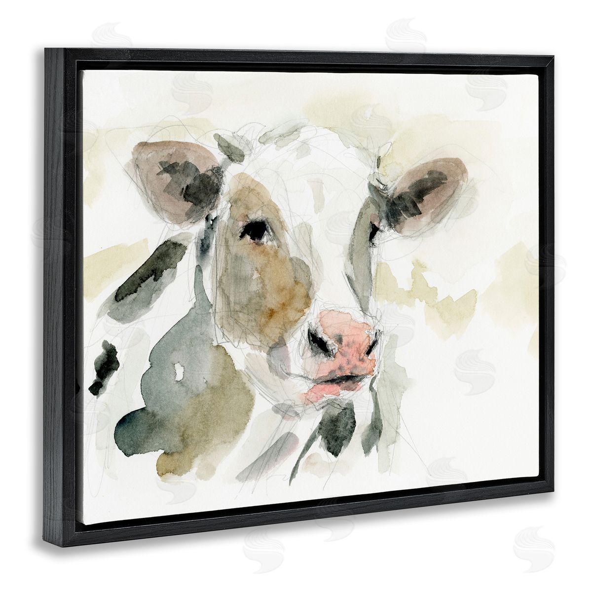 Soft Watercolor Cow Black Floating Frame Canvas Wall Art, Home Decor by Victoria Barnes