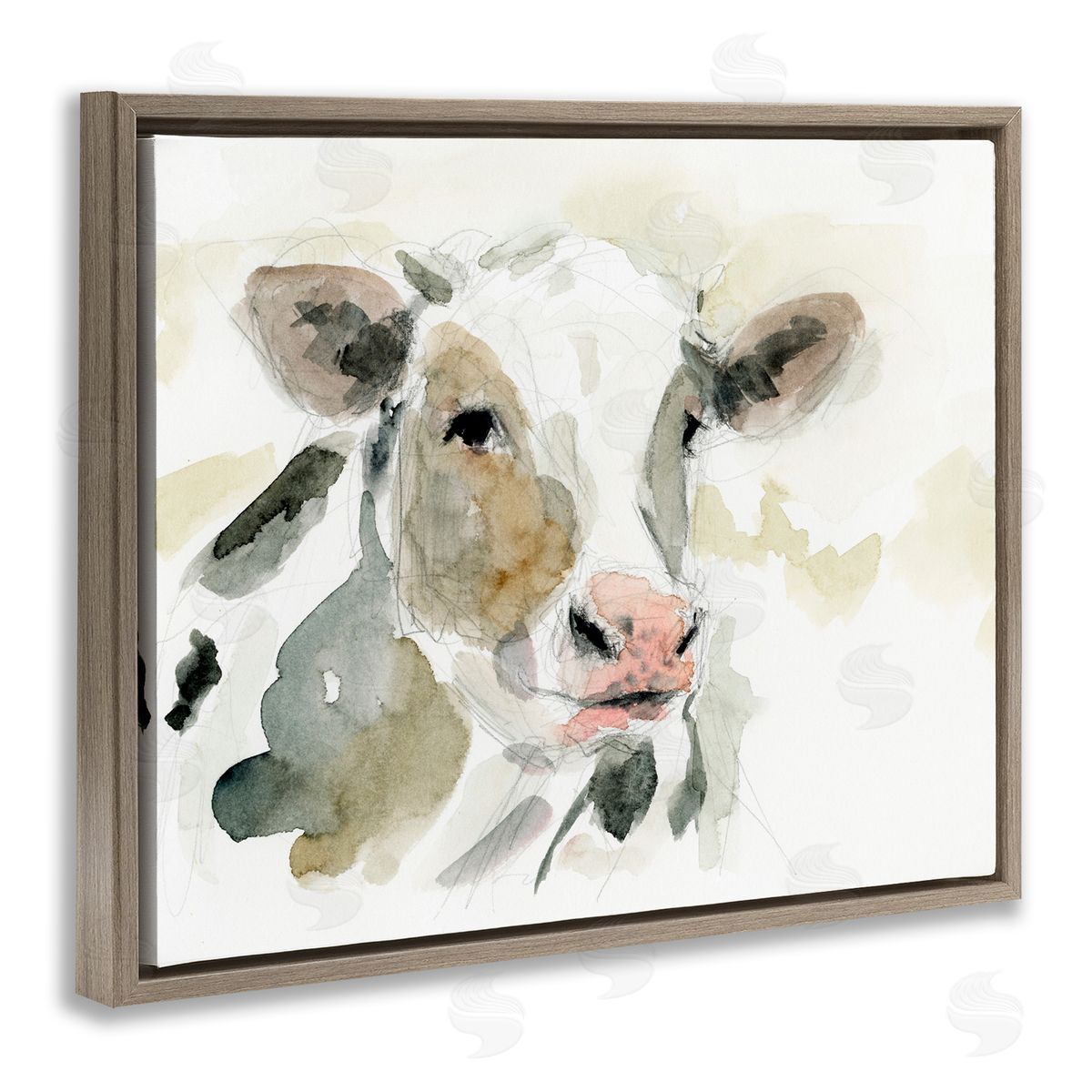 Soft Watercolor Cow Brown Floating Frame Canvas Wall Art, Home Decor by Victoria Barnes