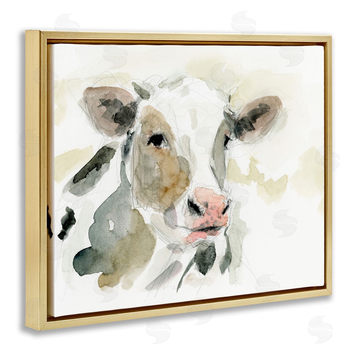 Soft Watercolor Cow Gold Floating Frame Canvas Wall Art, Home Decor by Victoria Barnes