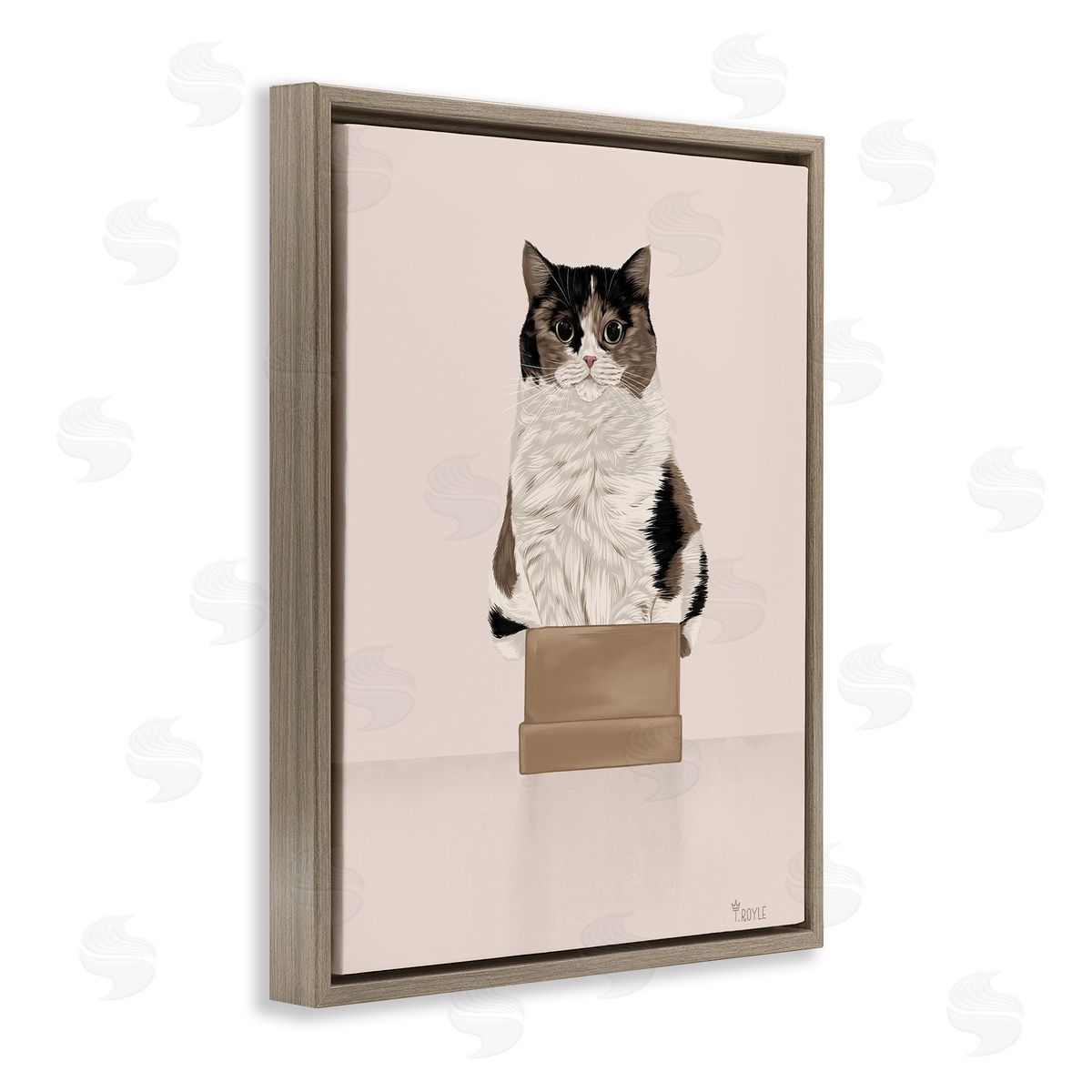 Cat in Cardboard Box Brown Floating Frame Canvas Wall Art, Home Decor by Tara Royle