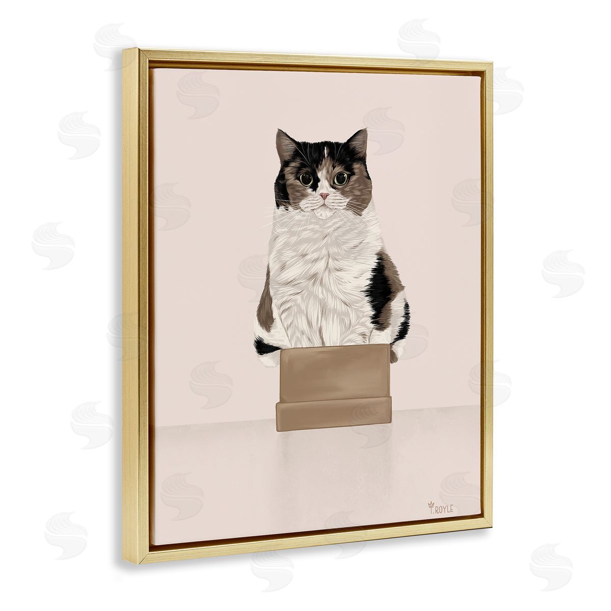 Cat in Cardboard Box Gold Floating Frame Canvas Wall Art, Home Decor by Tara Royle