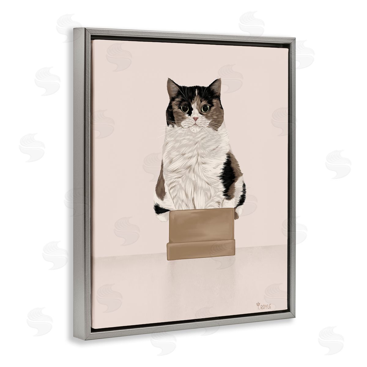 Cat in Cardboard Box Grey Floating Frame Canvas Wall Art, Home Decor by Tara Royle