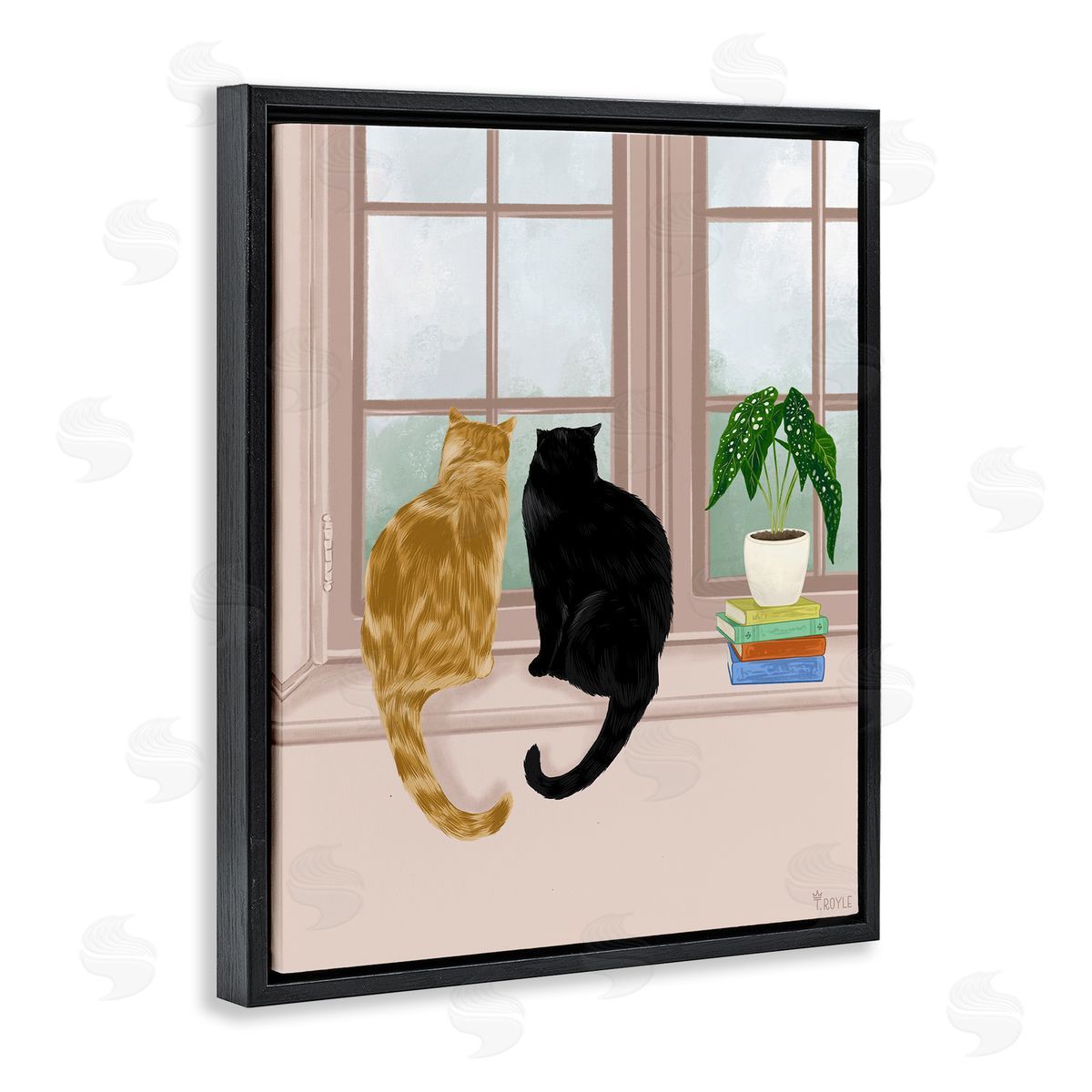 Cat Pair in Windowsill Black Floating Frame Canvas Wall Art, Home Decor by Tara Royle