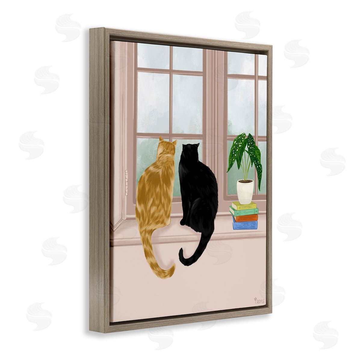 Cat Pair in Windowsill Brown Floating Frame Canvas Wall Art, Home Decor by Tara Royle