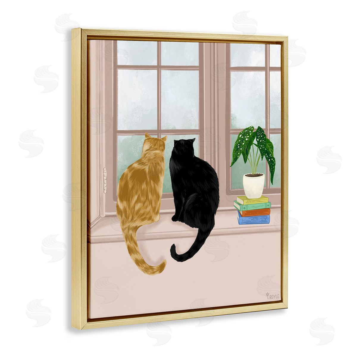 Cat Pair in Windowsill Gold Floating Frame Canvas Wall Art, Home Decor by Tara Royle