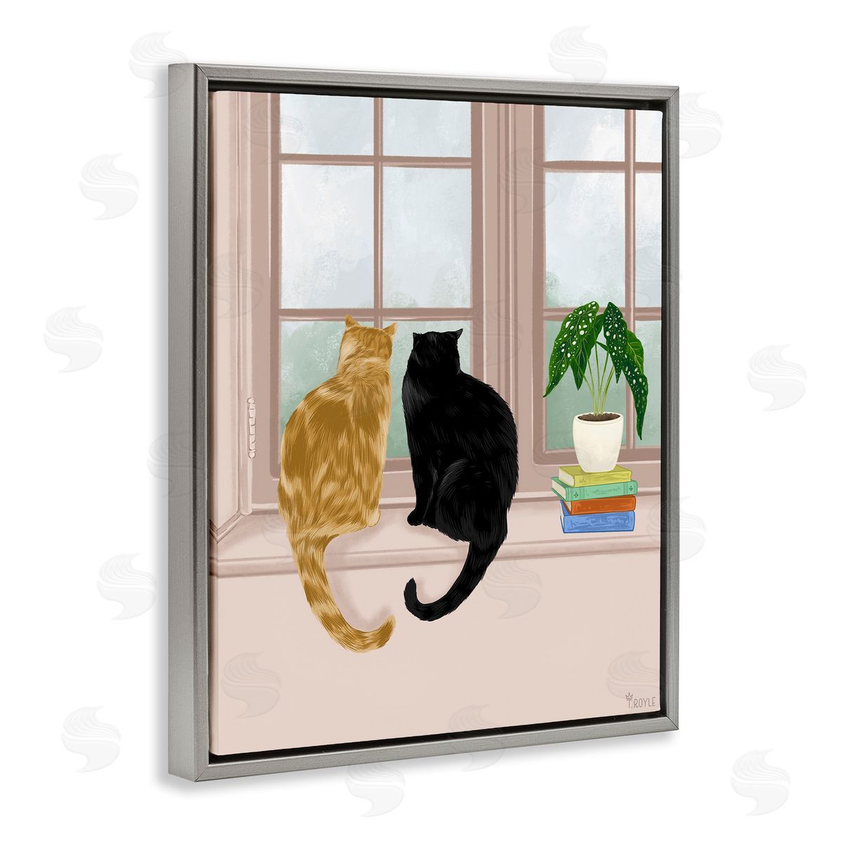 Cat Pair in Windowsill Grey Floating Frame Canvas Wall Art, Home Decor by Tara Royle