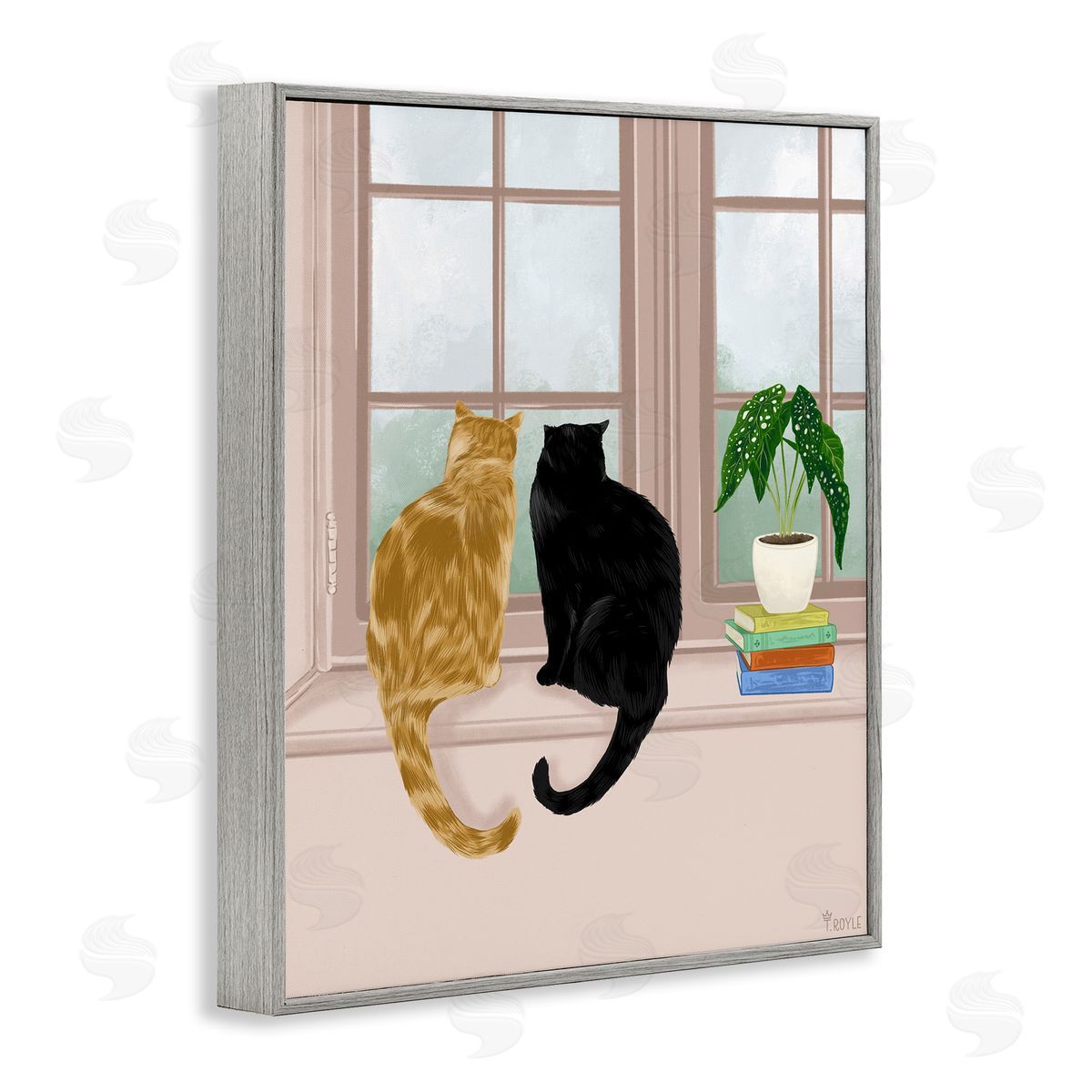 Cat Pair in Windowsill Grey Frame Print Wall Art, Home Decor by Tara Royle