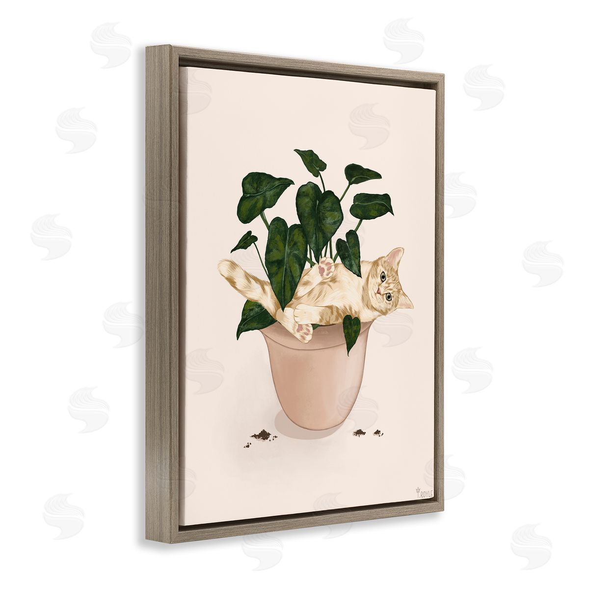 Funny Cat in House Plant Brown Floating Frame Canvas Wall Art, Home Decor by Tara Royle