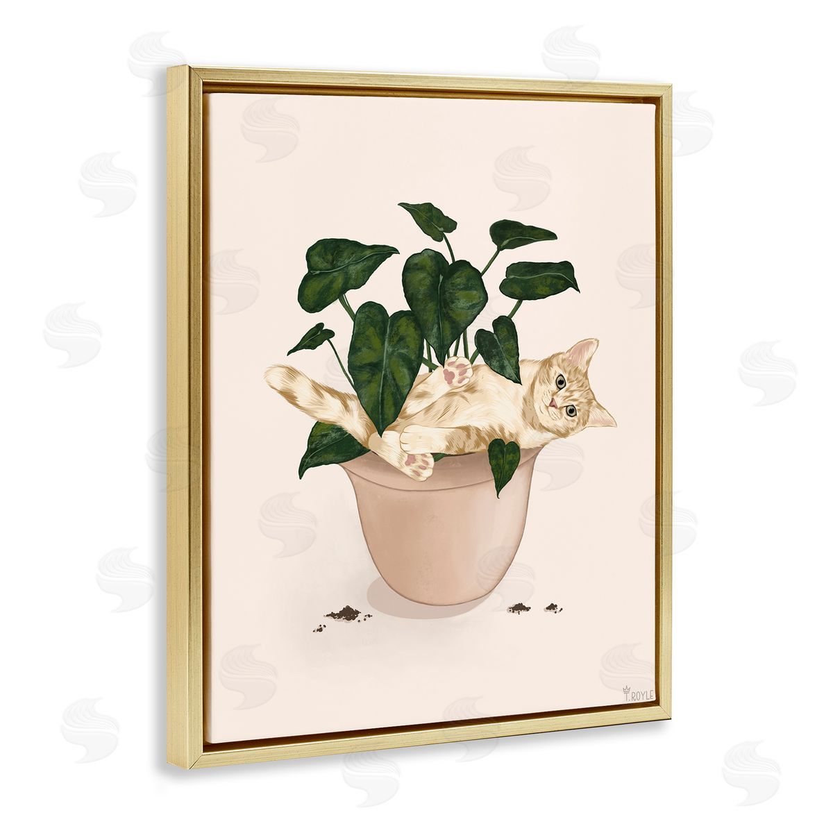 Funny Cat in House Plant Gold Floating Frame Canvas Wall Art, Home Decor by Tara Royle