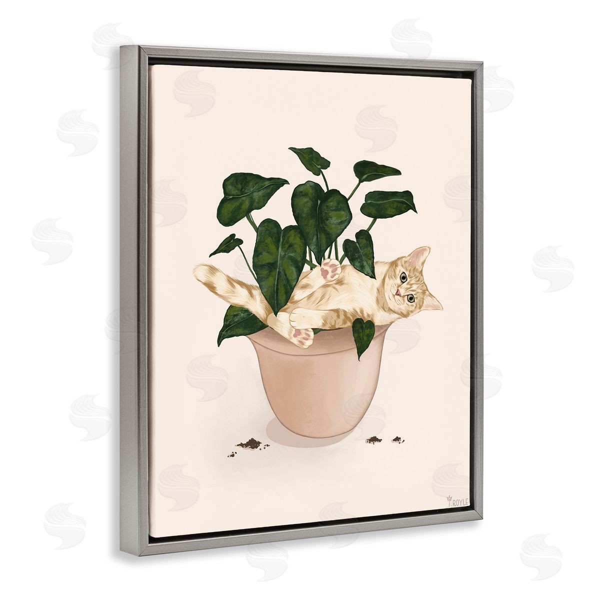 Funny Cat in House Plant Grey Floating Frame Canvas Wall Art, Home Decor by Tara Royle